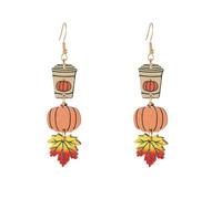 Seakuur Autumn Thanksgiving Pumpkin Maple Leaf Coffee Cup Wooden Earrings Fall-Themed Dangle Drop Earrings for Women Lightweight Holiday Jewelry, L, Wood, No Gemstone