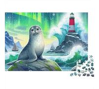 Seal 1000-Piece Jigsaw Puzzle for Adults Seal on Rock with Aurora And Lighthouse Premium Thick Sturdy Vibrant Challenging Family Game 70x50cm/1000pcs