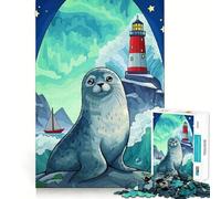 Seal And Lighthouse Cartoon Illustration 1000 Piece Jigsaw Puzzles for Teenagers Mind Challenge Toy Quiet Hobby Precise Cut Seasonal Gift (38x52cm)