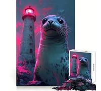 Seal And Lighthouse Neon Art Jigsaw Puzzles for Teenagers 1000 Pieces Wise Think Toy Leisure Fun Clear Cut Wall Art Decor (38x26cm)