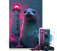 Seal And Lighthouse Neon Art Jigsaws 1000 Pieces for Adults Cognitive Toy Together Fun Image Assembly Art Collection Piece (38x52cm)