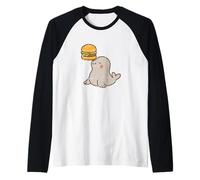 Seal Balancing Burger Cartoon Raglan Baseball Tee