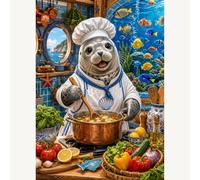 Seal Chef Kitchen Puzzles for Adults 1000 Pieces Challenging Jigsaw Puzzle | Seal Chef,Copper Pot,Vegetables,Tropical Fish,Ocean Window,27.6 x 19.7 in,Includes 1:1 Reference Poster