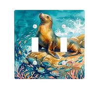 Seal Double Light Switch Cover Plate, Marine Fanciful Coral Fish Summer Blue Plastic Standard Size Toggle Light Switch Cover for Living Room Bedroom Home Office Decor