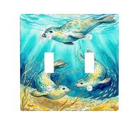 Seal Double Light Switch Cover Plate, Marine Fanciful Water Sand Summer Blue Plastic Standard Size Toggle Light Switch Cover for Bedroom Bathroom Kitchen Entrance Decor