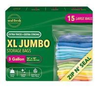 Seal Fresh 3 Gallon Large Plastic Storage Bags - 16" x 18" (15 Count) - Reusuable XXL Extra Large Heavy Duty Clear Jumbo Freezer Zip Lock Bags with Sealable Zipper Top For Clothes, Travel, Moving