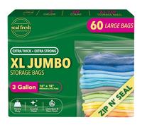 Seal Fresh 3 Gallon Large Plastic Storage Bags - 16" x 18" (60 Count) - Reusable XXL Extra Large Clear Jumbo Zip Bags with Sealable Zipper Top For Clothes, Travel, Moving