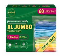 Seal Fresh 3 Gallon Large Plastic Storage Bags - 16" x 18" (60 Count) - Reusable XXL Extra Large Clear Jumbo Zip Bags with Sealable Zipper Top For Clothes, Travel, Moving