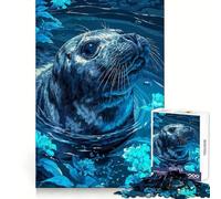 Seal in Blue Floral Waters Jigsaw Puzzles 1000 Piece for Teenagers Enhance Recall Relax Time Exact Edge Creative Gift (38x52cm)