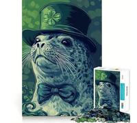 Seal in Clover Hat Jigsaw Puzzles 1000 Piece for Adults Think Smart Toy Together Fun Accurate Cut Art Display (38x52cm)