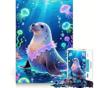 Seal in Ocean Jellyfish 1000 Piece Jigsaw Puzzles for Adults Jigsaw Mind Puzzle Mind Calm Art Assembly Unique Gift (50x75cm)