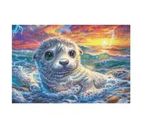 Seal in Waves 1000 Piece Premium Jigsaw Puzzle Wave Spray Ocean Adult Jigsaws Brain Training Hobby Home Decor Winter Gift Unique Shaped Creativity & Gift Giving 1000 PCS