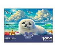 Seal Jigsaw Puzzle 1000 Pieces Recycled Paper Puzzle Seal Pup on Beach with Shells Coastal Sky for Adults Impossible Hard Game Great Gift Idea Home Activity 38x26cm/1000pcs