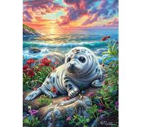 Seal on A Tropical Beach at Sunset 300 Piece Complete DIY Jigsaw Puzzle Science Fiction Magical Dream Collectors Mind Relaxation Educational Decorative Puzzle Gifts for Adults Wooden Cardboard 300 P