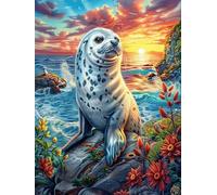 Seal on A Tropical Beach at Sunset 300 Piece Jigsaw Puzzle for Adults Science Fiction Magical Dream Jigsaw Weekend Parent Activity After Work Stress Relief Vibrant Artwork Home Wall 30