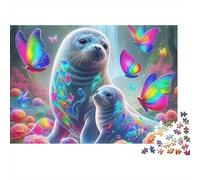 Seal Premium 1000 Piece Jigsaw Puzzle for AdultsSeals with Butterflies in Magical Garden Thick Sturdy Vibrant Challenging Hard Stress Relief 38x26cm/1000pcs