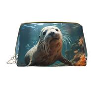 Seal pup in Water Leather Cosmetic Bag, Waterproof Cute Travel Toiletry Zipper Bag, Women's Cosmetic Storage Bag Set, Brown