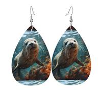 Seal pup in water Leather Earring. Stylish teardrop shape, perfect for women, and a great decorative choice for parties and holidays.