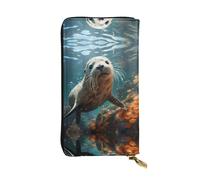 Seal pup in water Long leather wallet, portable credit card holder, zippered coin purse, and ID compartment