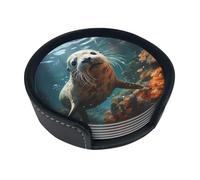 Seal pup in water Round leather coasters (set of 6) Delicate and soft table decorations, suitable for coffee cups, mugs, etc.