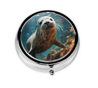 Seal pup in Water This Small, Printed, Round Pill Box is a Portable Pill and Vitamin Organizer Perfect for Pockets, Purses, and Travel.