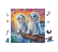 Seal Puppies Sitting Together 100 Pieces Premium Jigsaw Puzzle Adult Jigsaws Educational Challenge Mental Exercise Wall Art Winter Rigid Cardboard 28x28cm