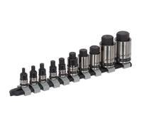 Sealey AK6229B 10pc 1/4", 3/8" & 1/2"Sq Drive Stubby Hex Socket Bit Set - Black Series
