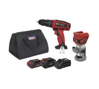 Sealey 2 X 20V Sv20 Series Cordless Router & Combi Drill Kit - 2 Batteries Cp20Vcombo12