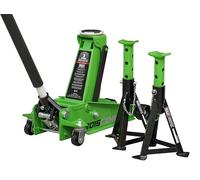 Sealey 3 Tonne Trolley Jack with Super Rocket Lift & Axle Stands (Pair) - Hi-Vis Green - 3015CXHV