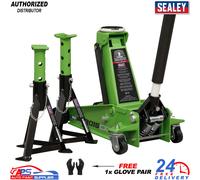 Sealey 3015CXHV 3 Ton Hydraulic Garage Jack Set Axle Stands Green +1x Glove Pair