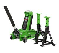 Sealey 3 Tonne Trolley Jack with Super Rocket Lift & Axle Stands (Pair) - Hi-Vis Green - 3015CXHV