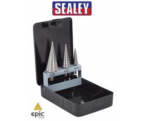 SEALEY AK4733 HSS 3 Pc Metal Step/Cone Drill Bit Hole Cutter Set 4mm-30mm + Case
