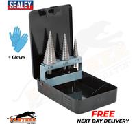 Sealey AK4746 3pc Double Flute HSS 4341 Step Drill Bit Set + Gloves