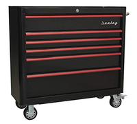 Rollcab 6 Drawer Wide Retro Style - Black with Red Anodised Drawer Pulls