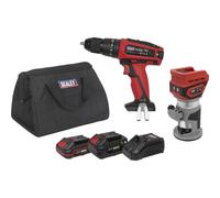 Sealey 2 x 20V SV20 Series Cordless Router & Combi Drill Kit - 2 Batteries
