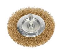 Sealey Diameter 75mm Flat Wire Brush Diameter 6mm Shaft Crimped Brassed Steel Filaments Sfb75