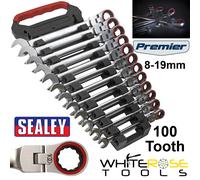 Sealey Flexi Head Ratchet Combination Spanner Set 12pc 8-19mm 100T Open End Ring