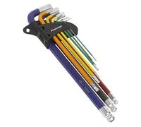 Sealey Hex Key Set Colour Coded Extra Long Ball End Allen 1.5-10mm 9pc Premier
