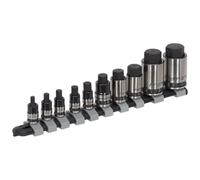 Sealey AK6229B 10pc 1/4", 3/8" & 1/2"Sq Drive Stubby Hex Socket Bit Set - Black Series
