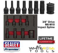 SS Sealey AK5622 Premier Spline Impact Socket Bit Set 3/8"Sq Drive 8pc