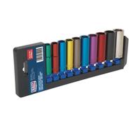 Sealey Multi-Colour Socket Set 10pc 3/8 Sq Dr 6pt Deep WallDrive MM AK285D