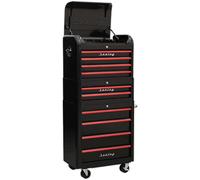 Retro Style Topchest, Mid-Box & Rollcab Combination 10 Drawer - Black with Red Anodised Drawer Pulls