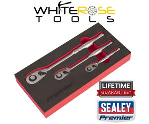 Sealey Ratchet Socket Wrench Set 3pc EVA Foam Tray 1/4" 3/8" 1/2" Drive 90 Tooth