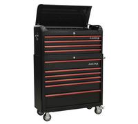 Sealey Retro Style Extra-Wide Topchest & Rollcab Combination 10 Drawer-Black With Red Anodised Drawer Pull Ap41Combobr