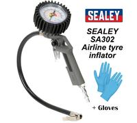 Sealey SA302 Tyre Inflator with Pressure Gauge 0-175psi & 1/4" BSP + Gloves