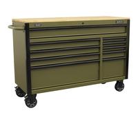 Sealey Superline Pro 10 Drawer Wooden Worktop Roller Cabinet and Power Strip Black / Olive
