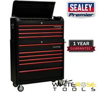 Sealey AP41COMBOBR Retro Style Wide Topchest & Rollcab Combination 10 Drawer-Black With Red Anodised Drawer Pull