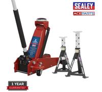 Sealey Trolley Jack 3t & Axle Stands (Pair) 3t per Stand Combo Red Lift Garage