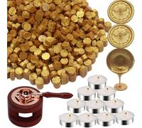 Sealing Wax, Atopbb 300pcs Gold Wax Seal Beads, 1pcs Wooden WaxSealing Warmer, 1pcs Melted WaxSpoon and 10pcs Tea Candles for Wax Sealing Stamp Kit (Gold)