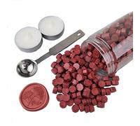 Sealing Wax Beads, AMTOL 300 Pcs Wax Sealing Beads with 2 Pcs White Candles and 1 Pcs Wax Melting Spoon, Great for Wedding Invitations,Cards Envelopes, Gift Wrapping (Wine Red)